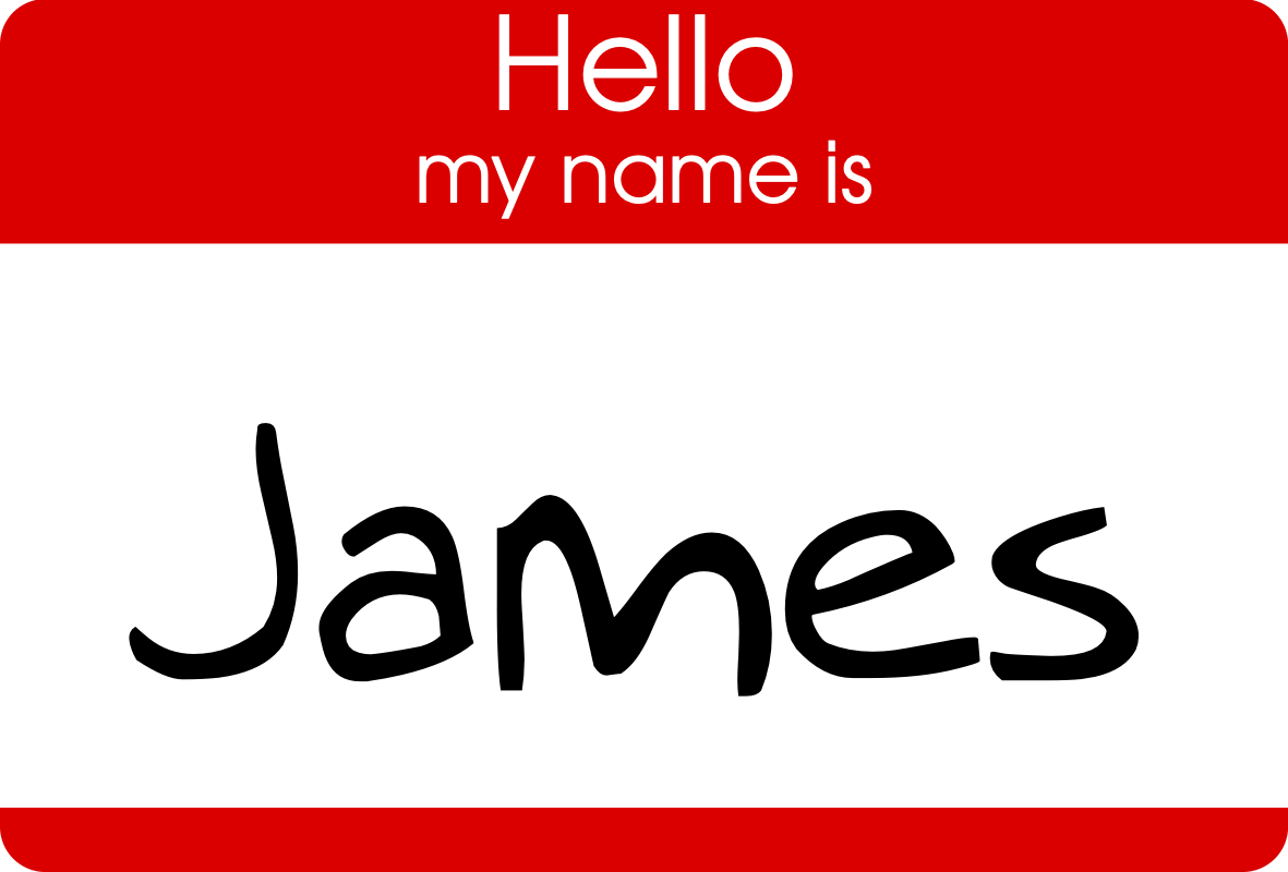 Classic hello greeting sticker containing the text "Hello, my name is James"