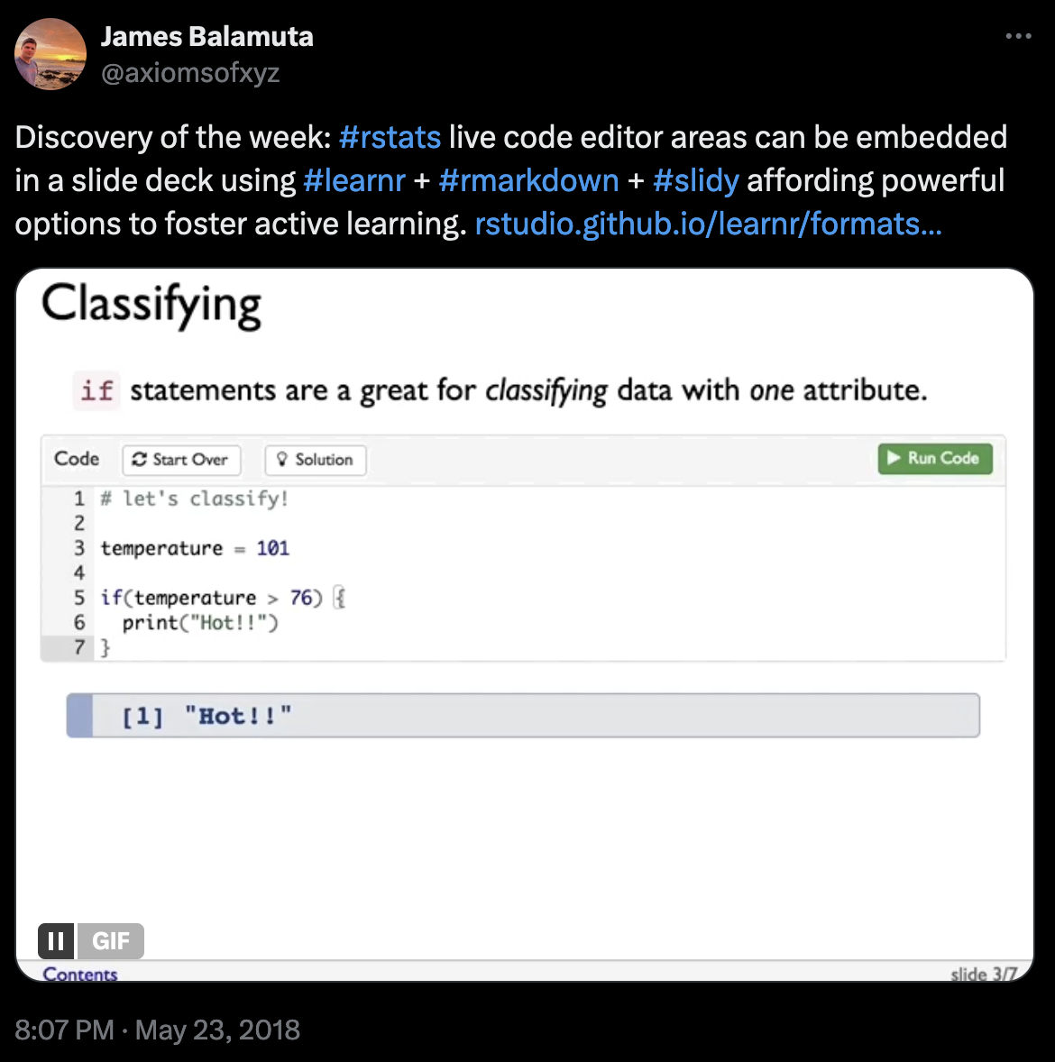 Tweet from James Balamuta on the challenges of using learnr with Shiny Server