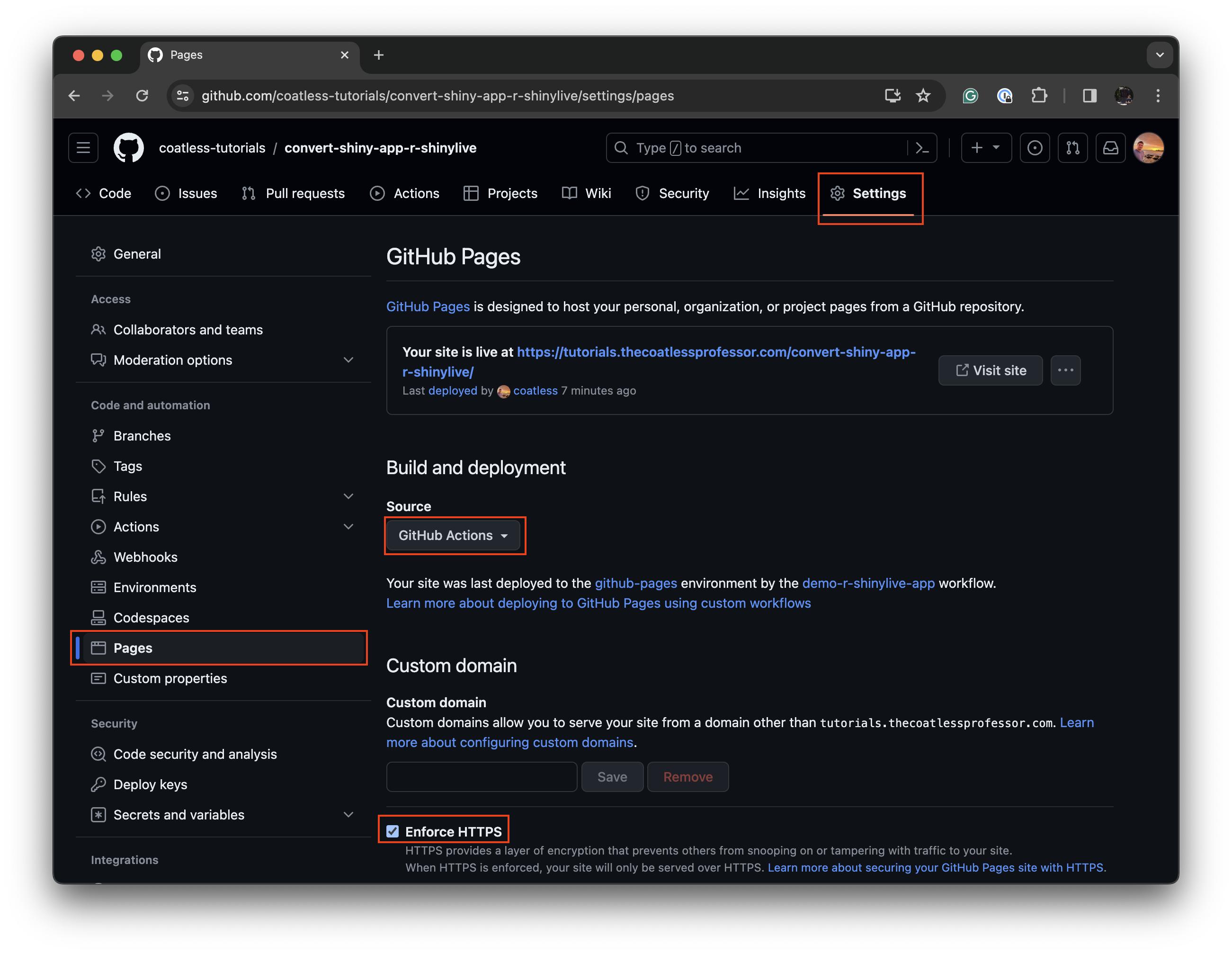 A screenshot of the GitHub Pages settings in a GitHub repository for R Shinylive