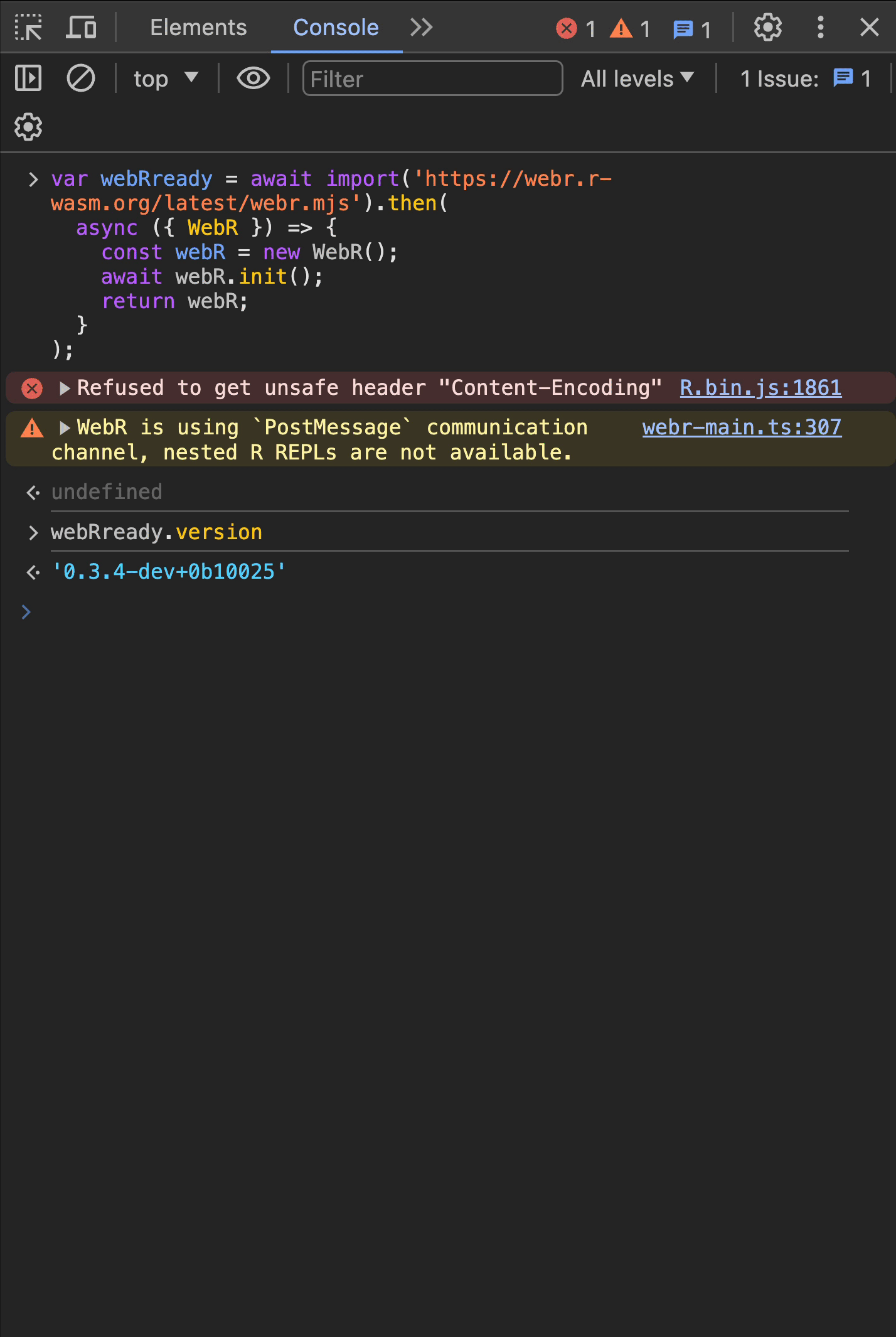 An animated gif that shows an attempt at evaluating R code using webR within Google Chrome's Developer Tools console.