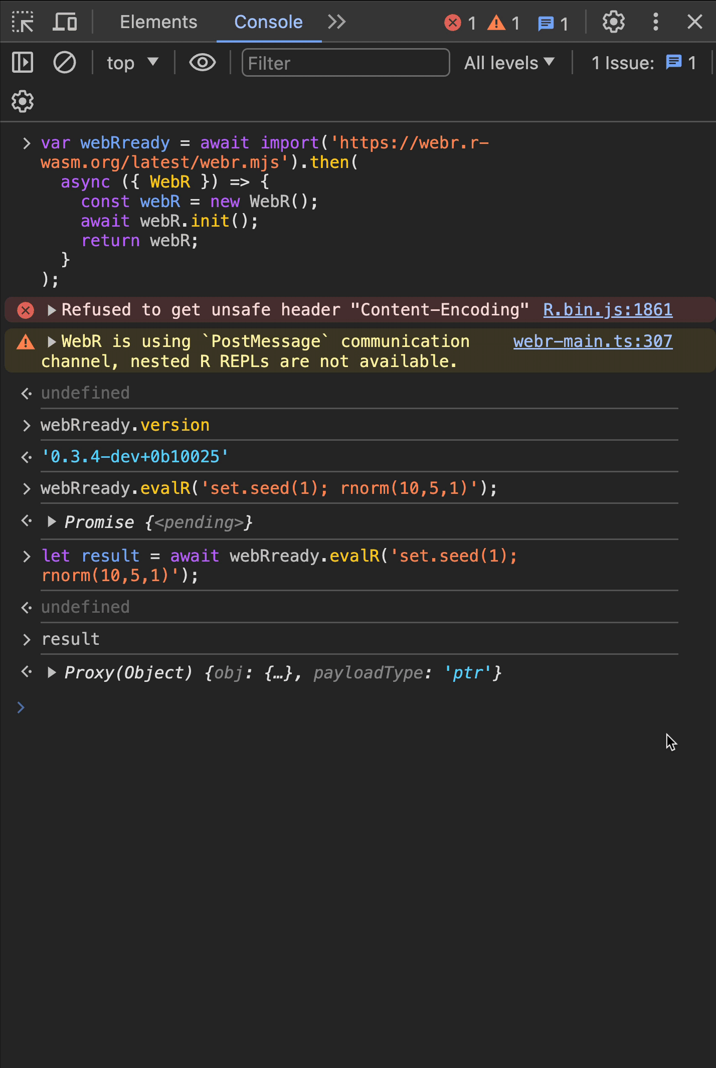 An animated gif that shows the calculation with webR being performed and convert to a valid JavaScript object within Google Chrome's Developer Tools console.