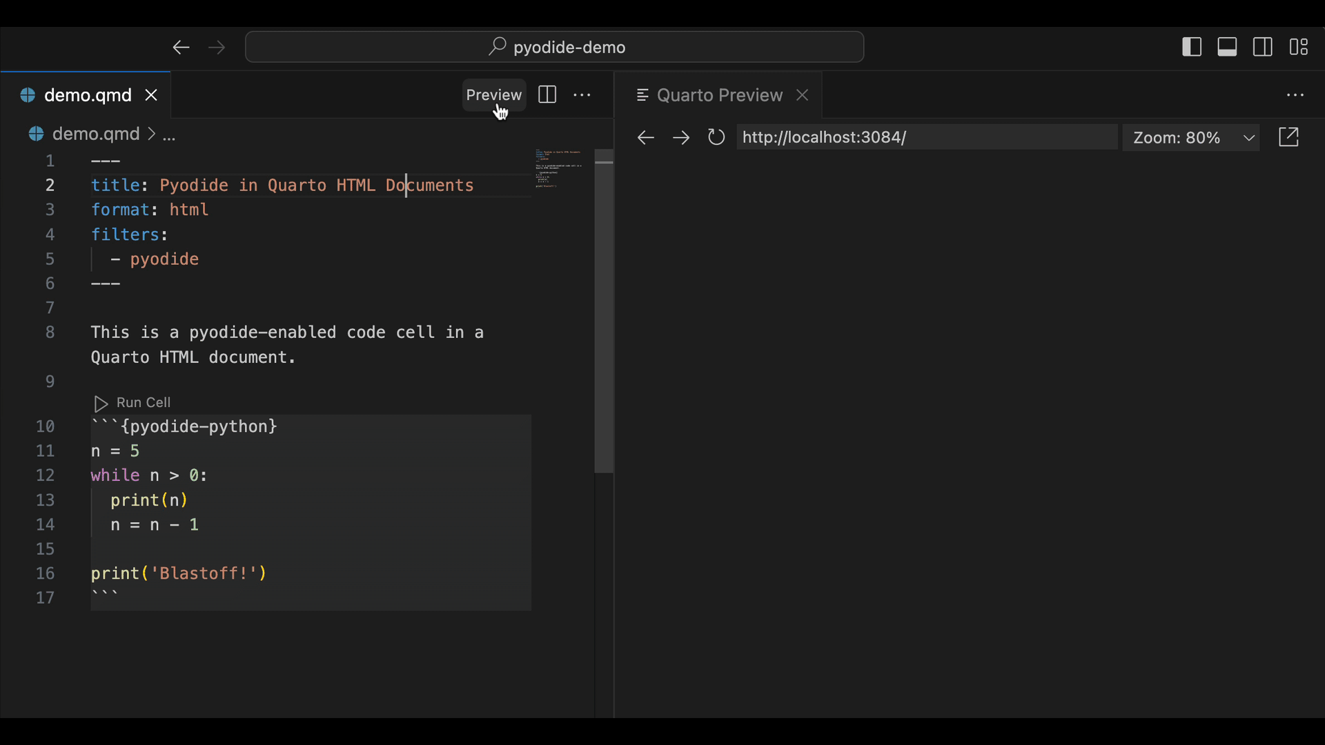 An animated GIF showing a Quarto document inside of VS Code augmented by the {quarto-pyodide} extension having different Python code placed inside of its code cell generating a variety of outputs.