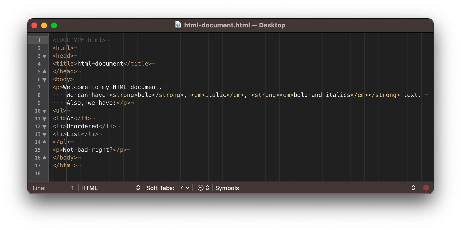 The source code generating the HTML document with text that has been accented with bold and italics as well as an unordered list.