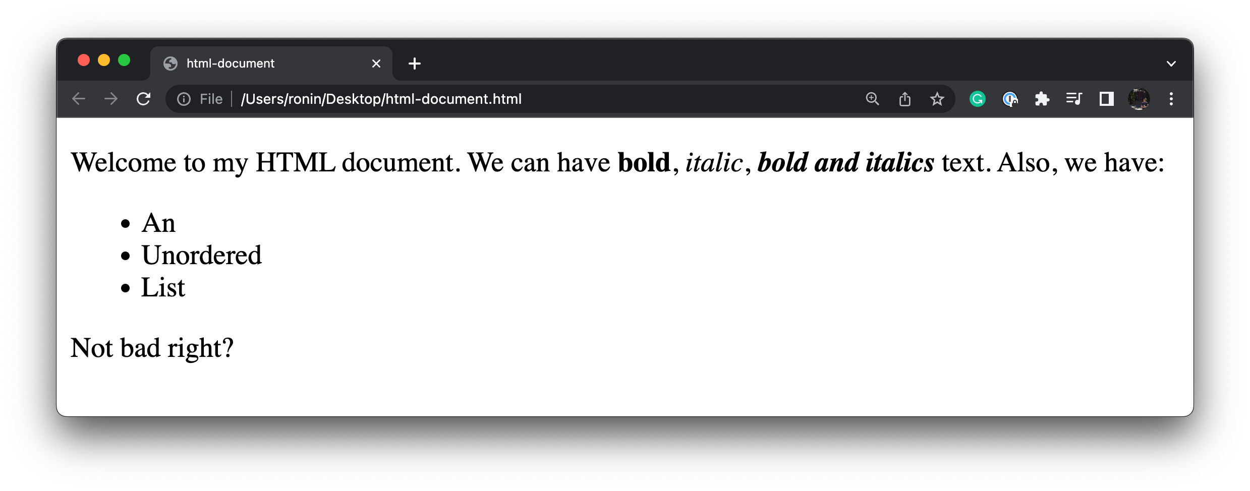 A sample HTML document that contains text that has been accented with bold and italics as well as an unordered list.