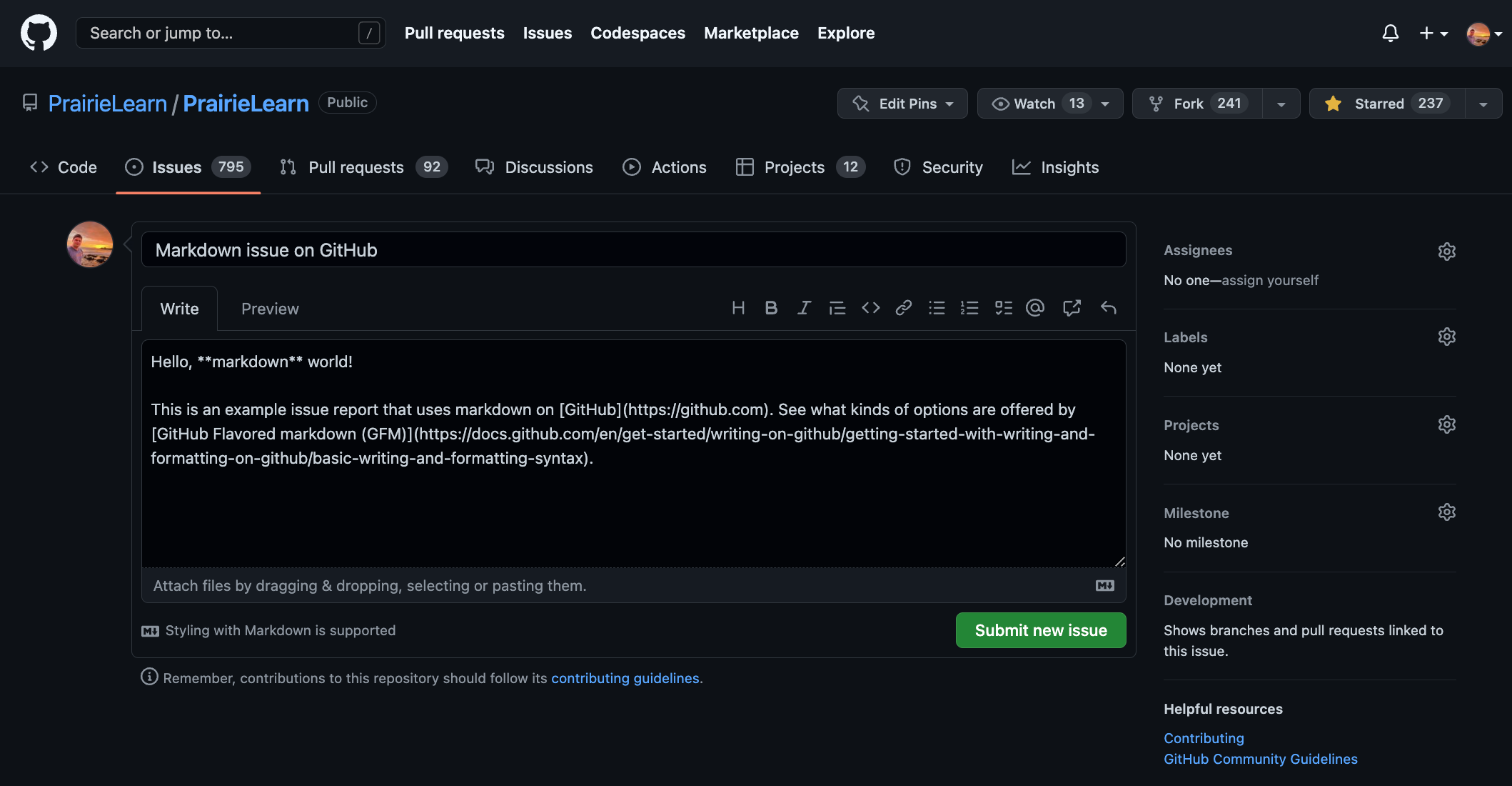 Demo using markdown to create an issue on the website GitHub.com