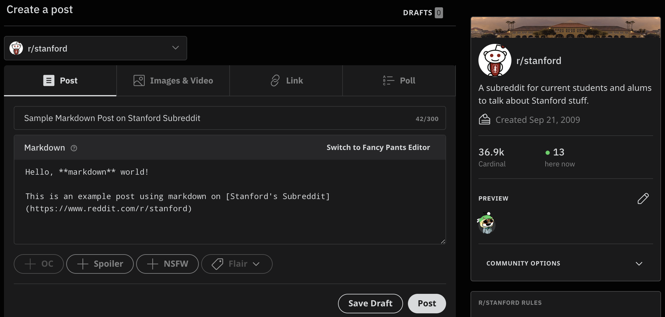 Demo using markdown to make a post on the website Reddit.com