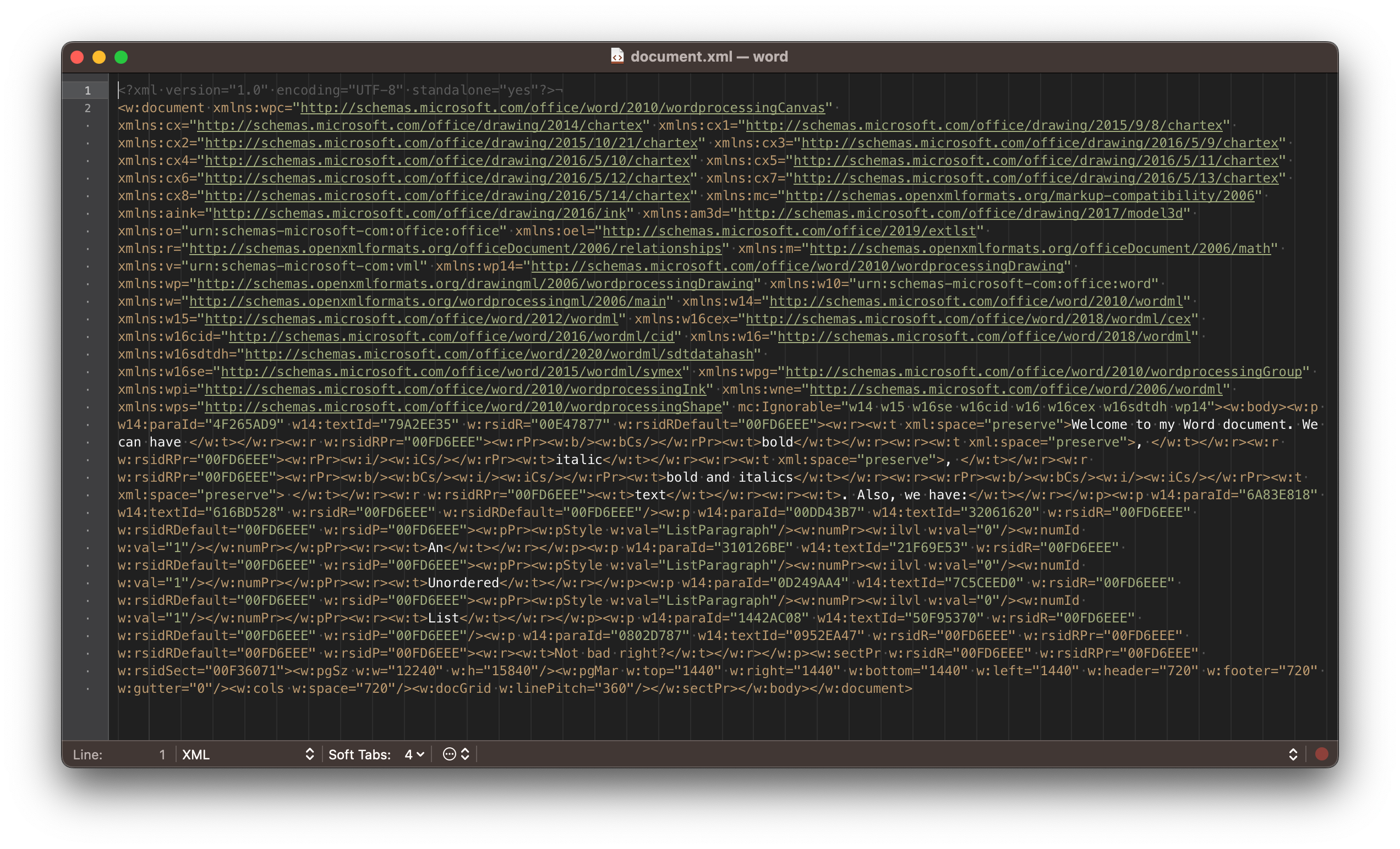 The markup involved in showing how word stores formatting information.