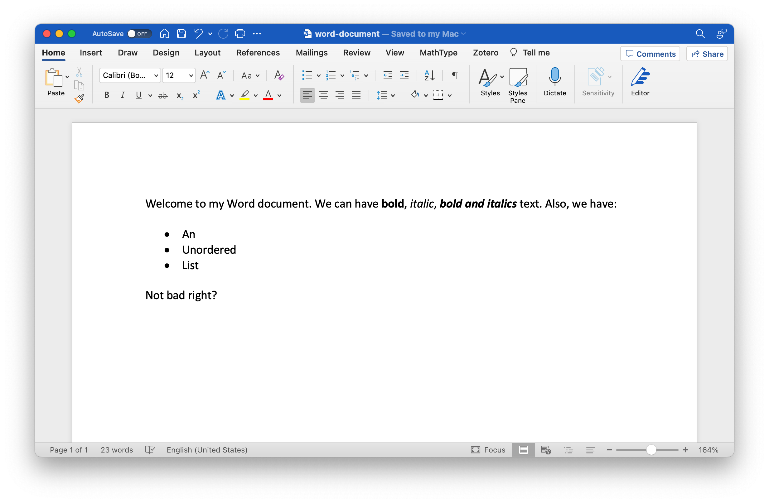 A sample word document that contains text that has been accented with bold and italics as well as an unordered list.