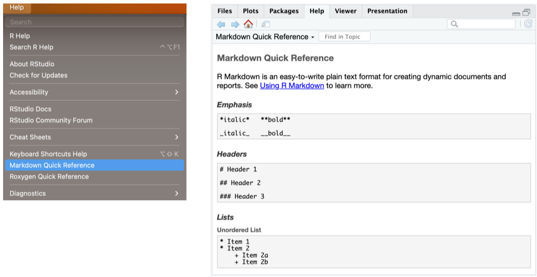 Opening the built-in Markdown quick reference sheet inside of RStudio by going to the help menu and selecting 'Markdown Quick Reference'.