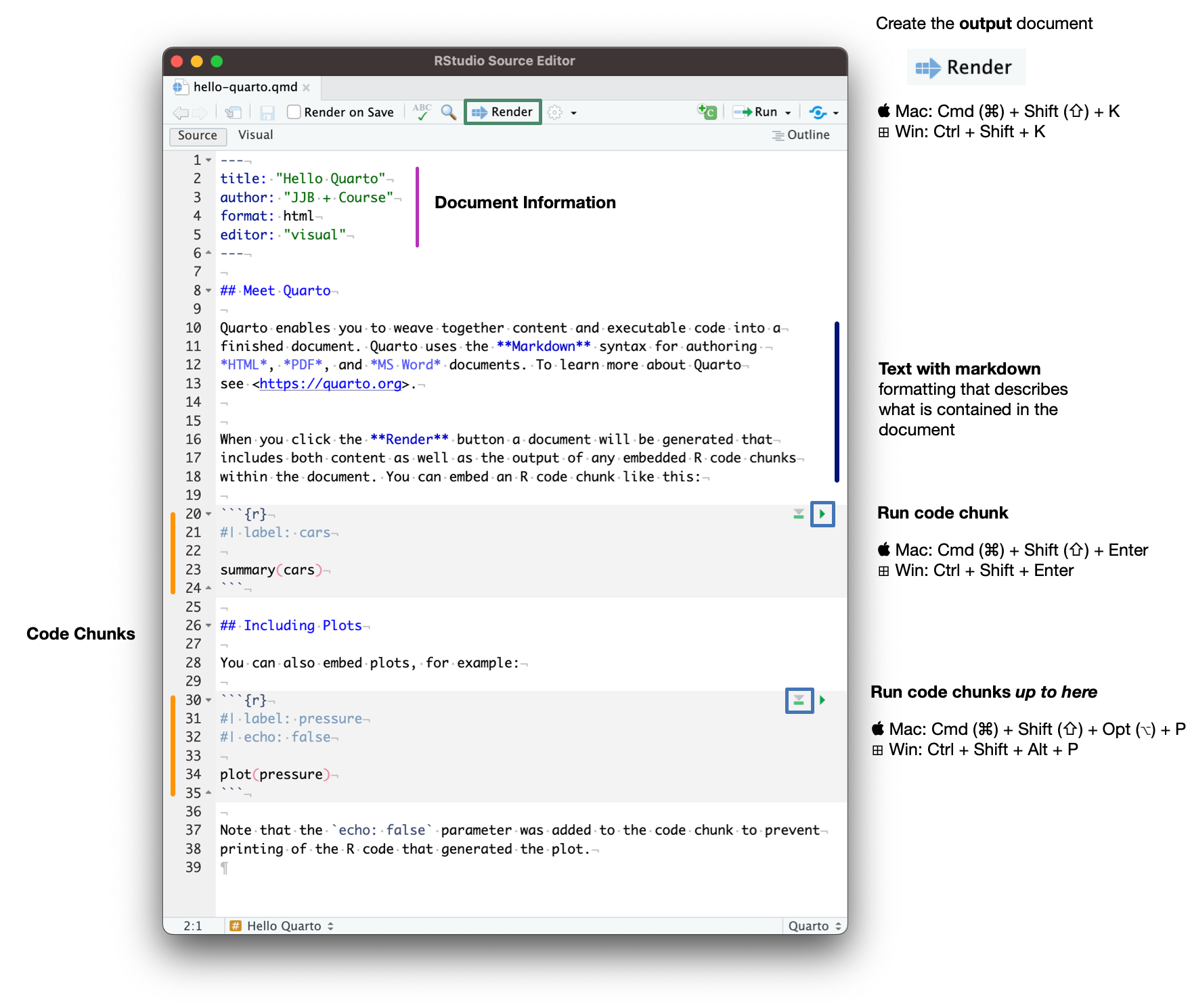 Annotated figure that describes the different sections of a Quarto document while in the source editor mode.