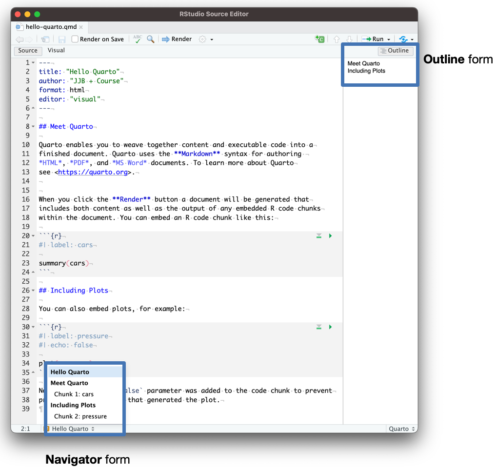 Quarto document section view using either the outline form or navigator form