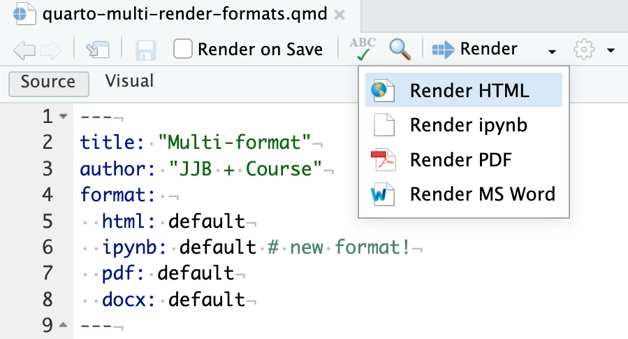 Dropdown menu showing the different render options.