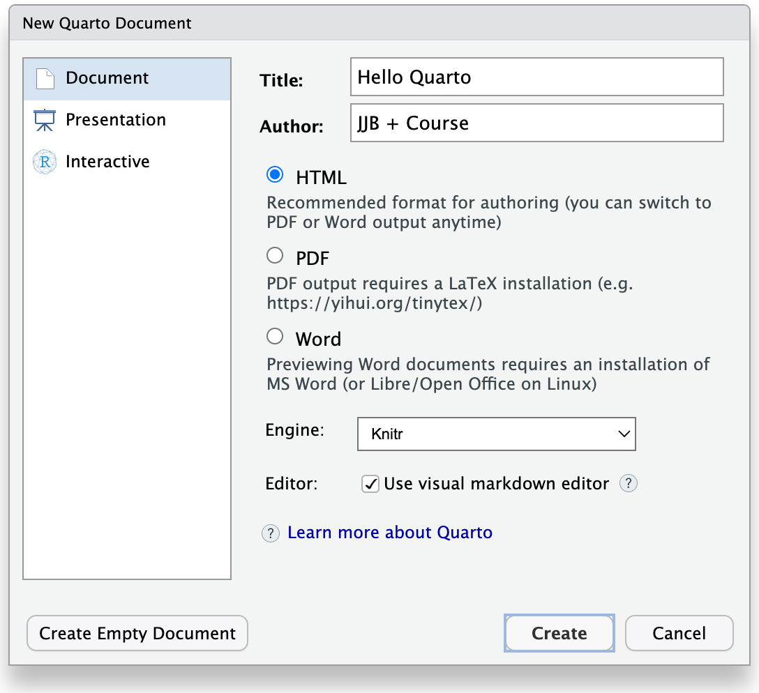 New quarto document wizard allowing a title and author information to be set.