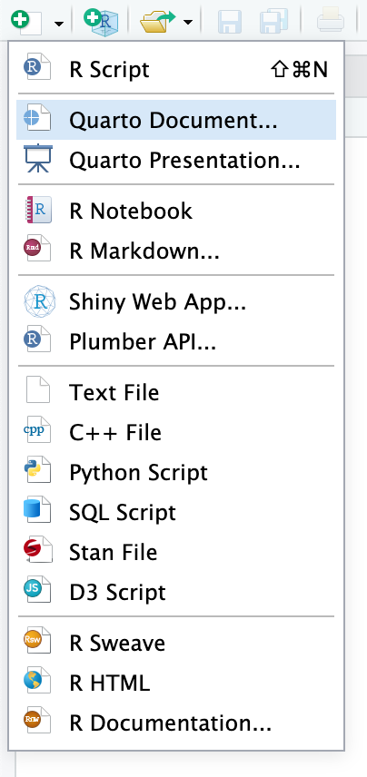 Drop down menu containing Quarto Document creation button