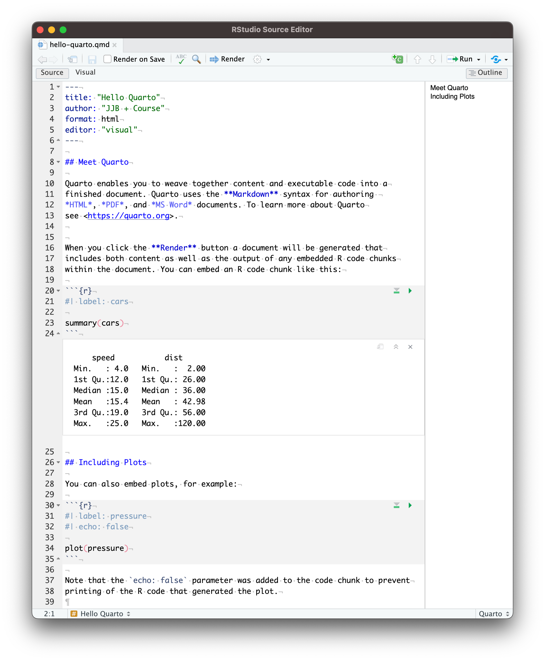 Figure showing what a Quarto document looks like in Source Editing Mode.