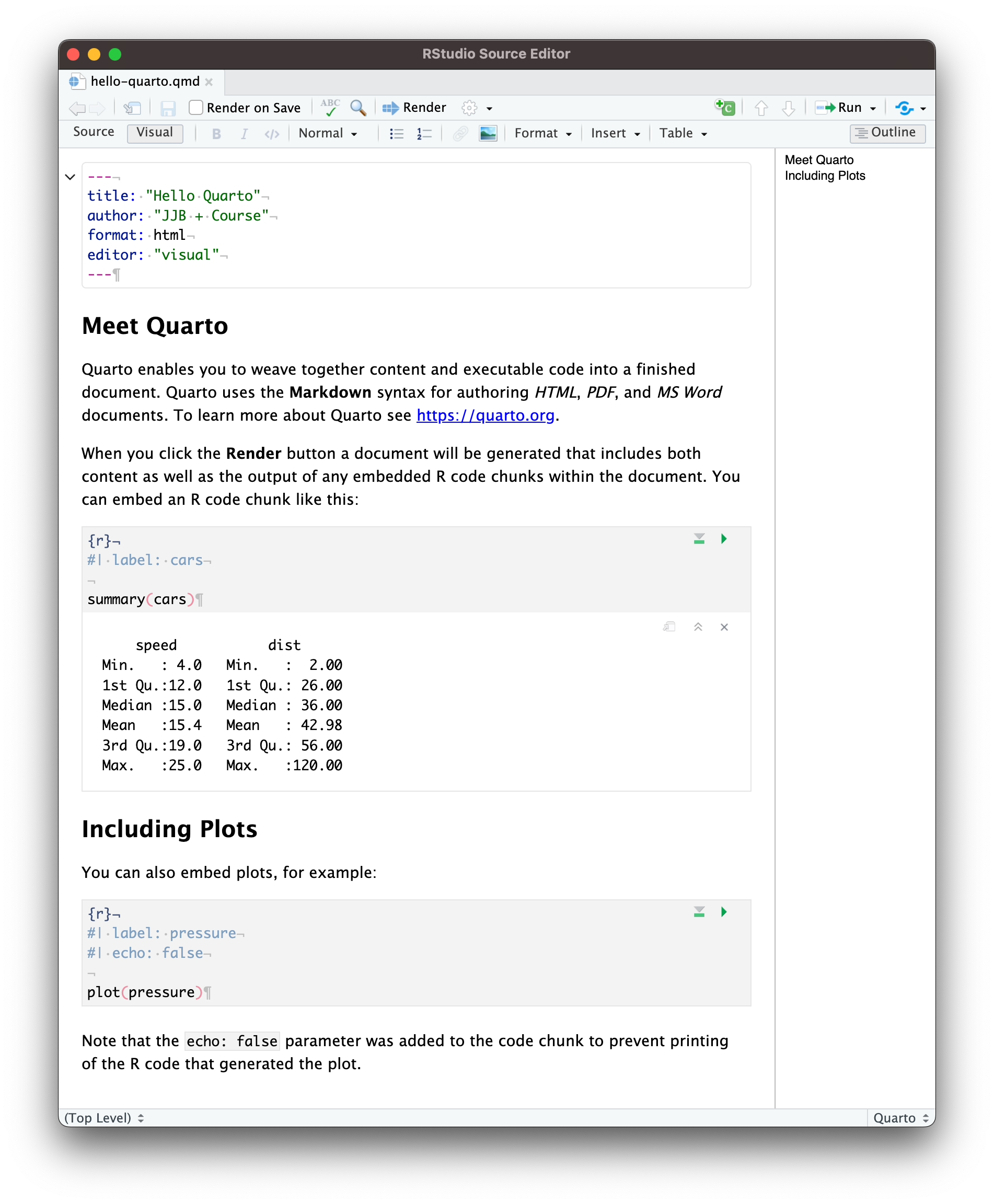 Figure showing what a Quarto document looks like in Visual Editing Mode.