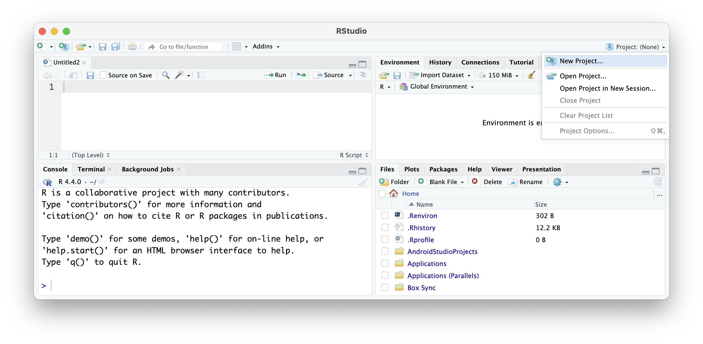 A screenshot showing how to create a new project by going to the upper right corner of RStudio.