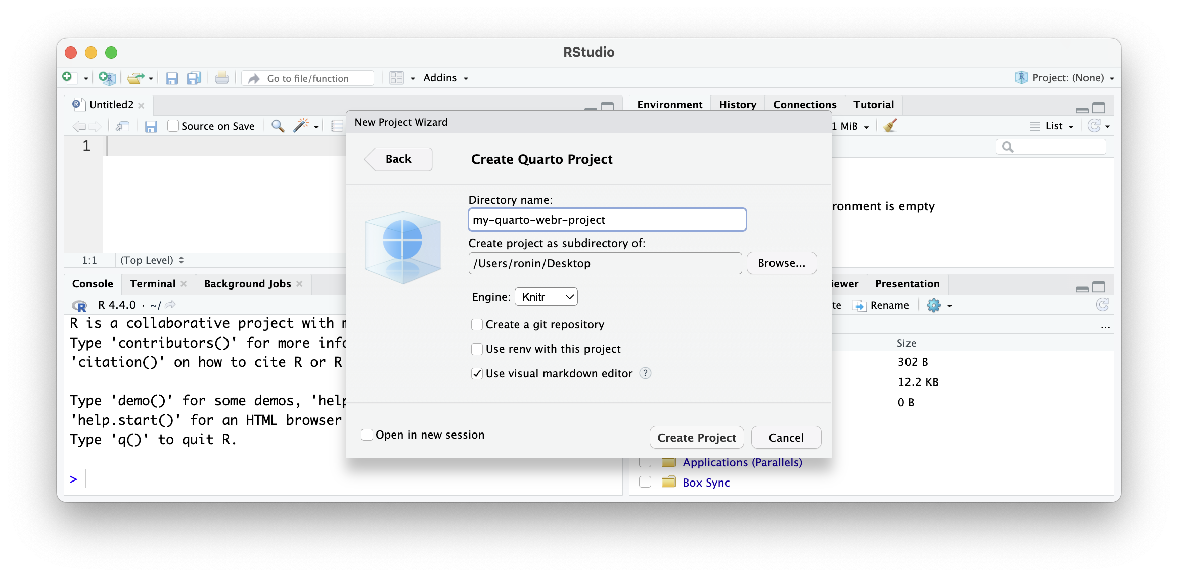 A screenshot showing how to create a new project by going to the upper right corner of RStudio.