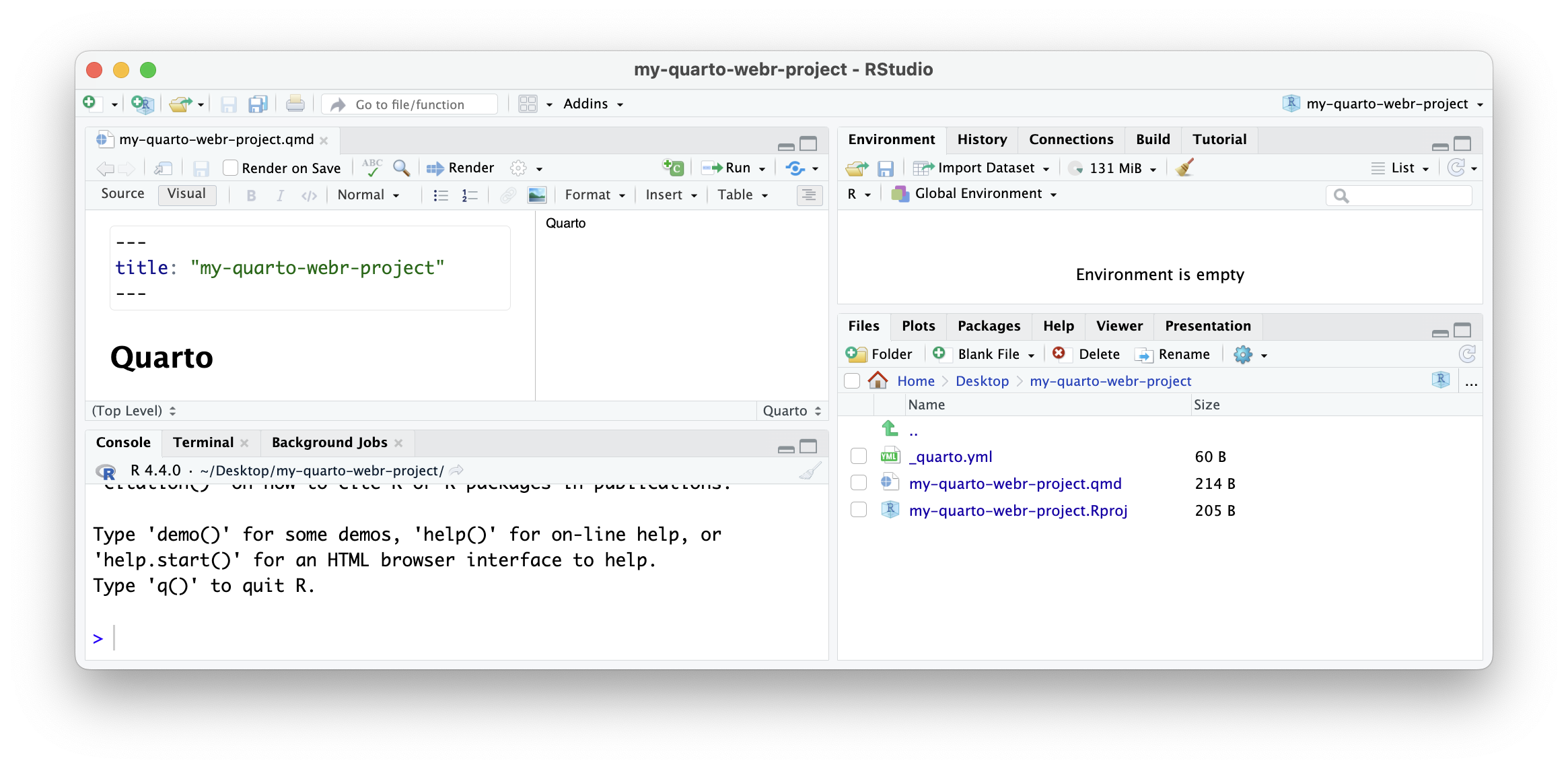 A screenshot showing a newly opened RStudio instance set to the `my-quarto-webr-project` location.