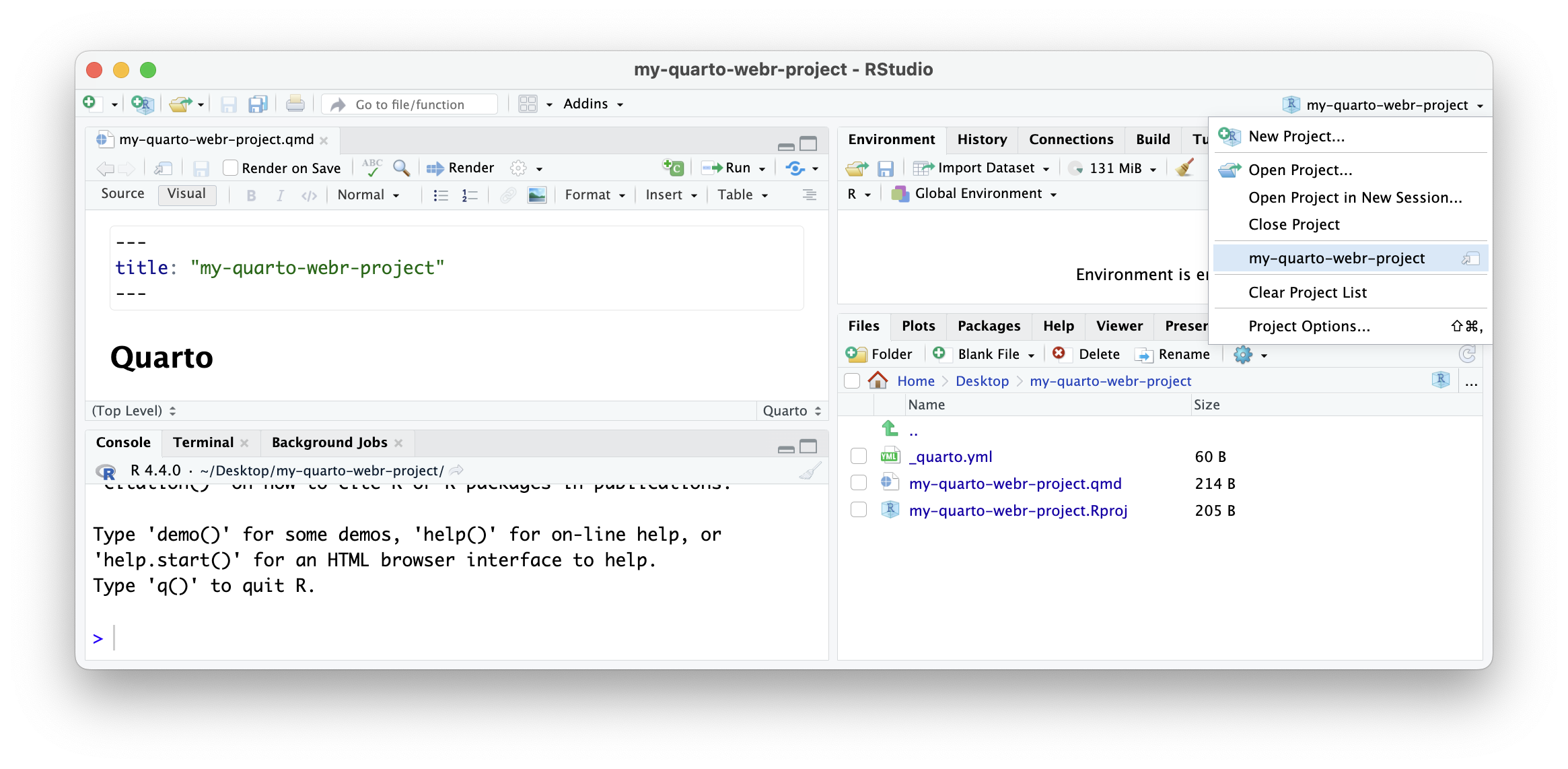 A screenshot showing how to open and close an RStudio project by going to the upper right corner of RStudio.