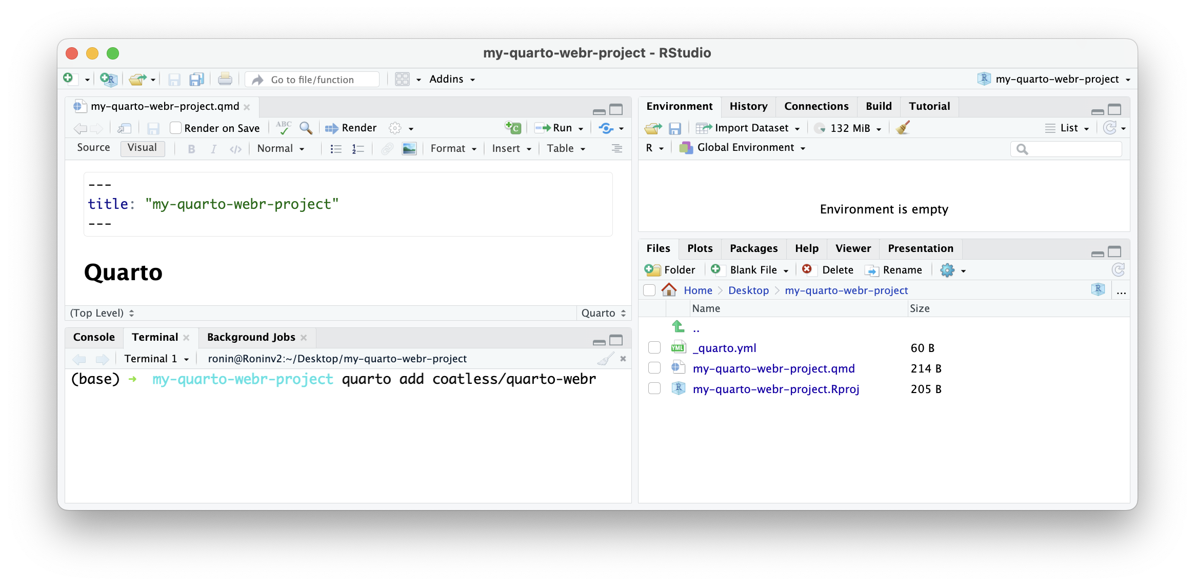 A screenshot showing how to install the {quarto-webr} extension in RStudio's Terminal panel.