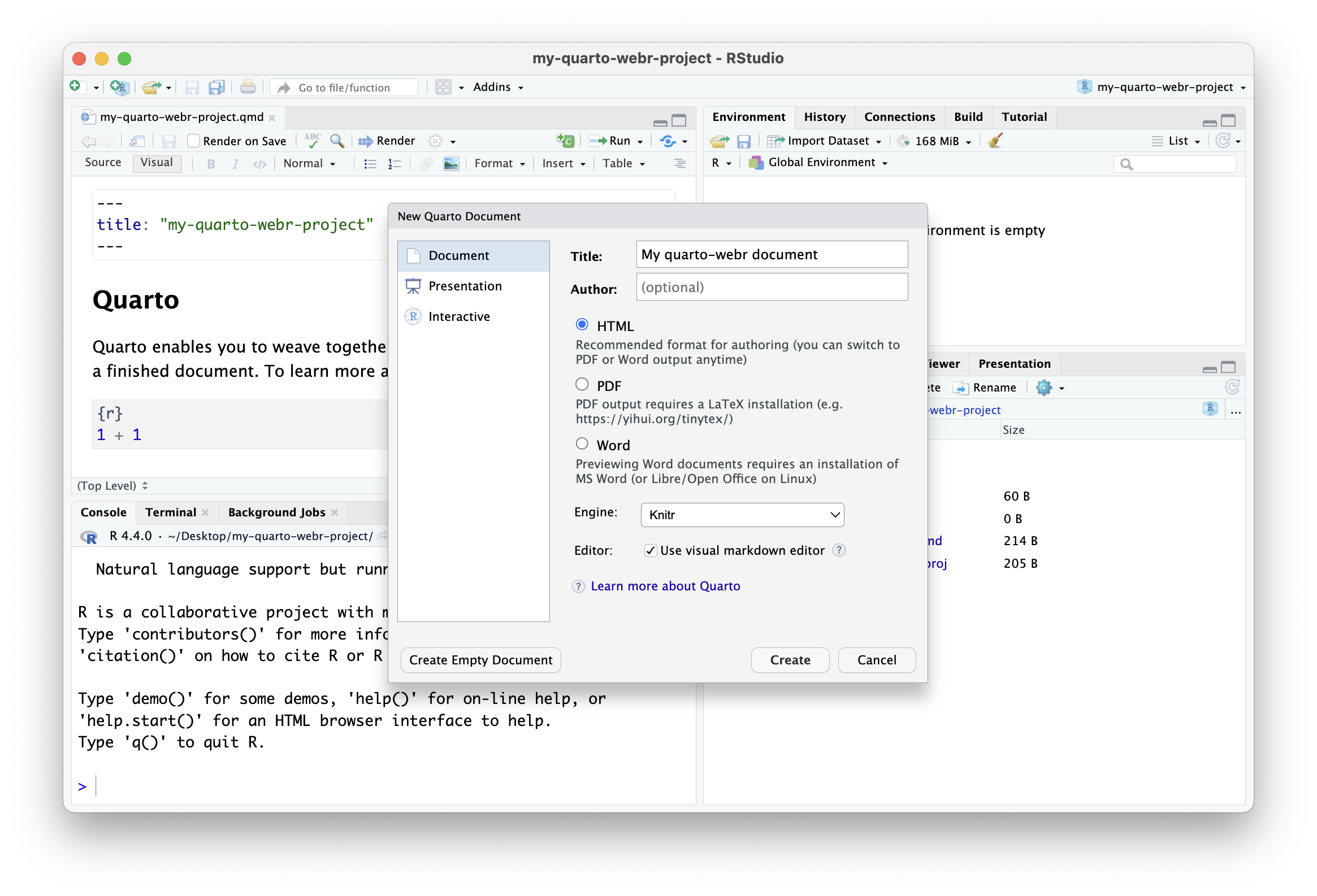 A screenshot showing how to fill in the New Quarto Document wizard.