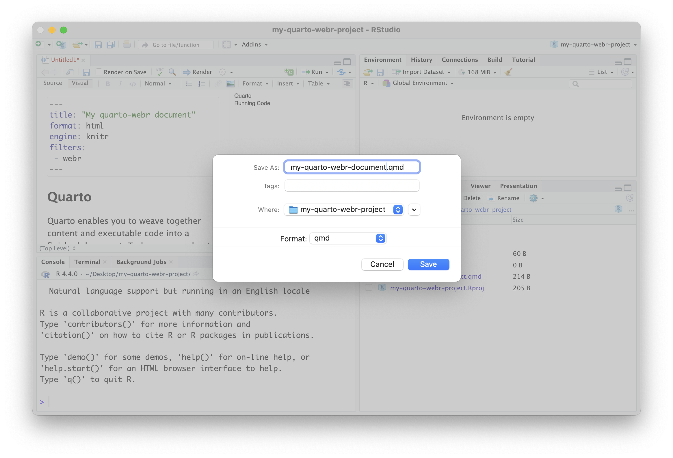 A screenshot showing the Quarto document being saved.