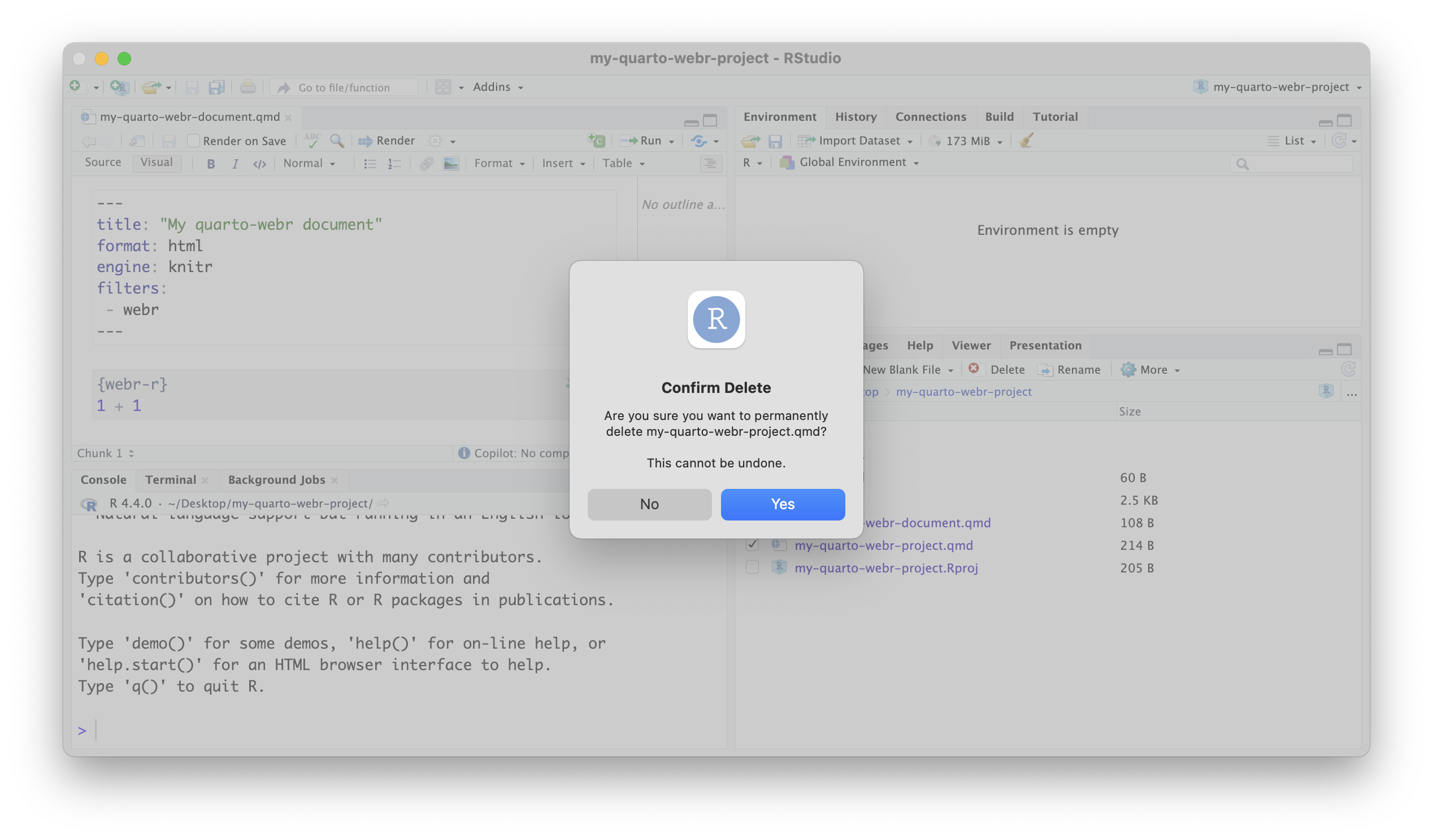 A screenshot showing a confirmation popup to delete the placeholder Quarto document in RStudio.