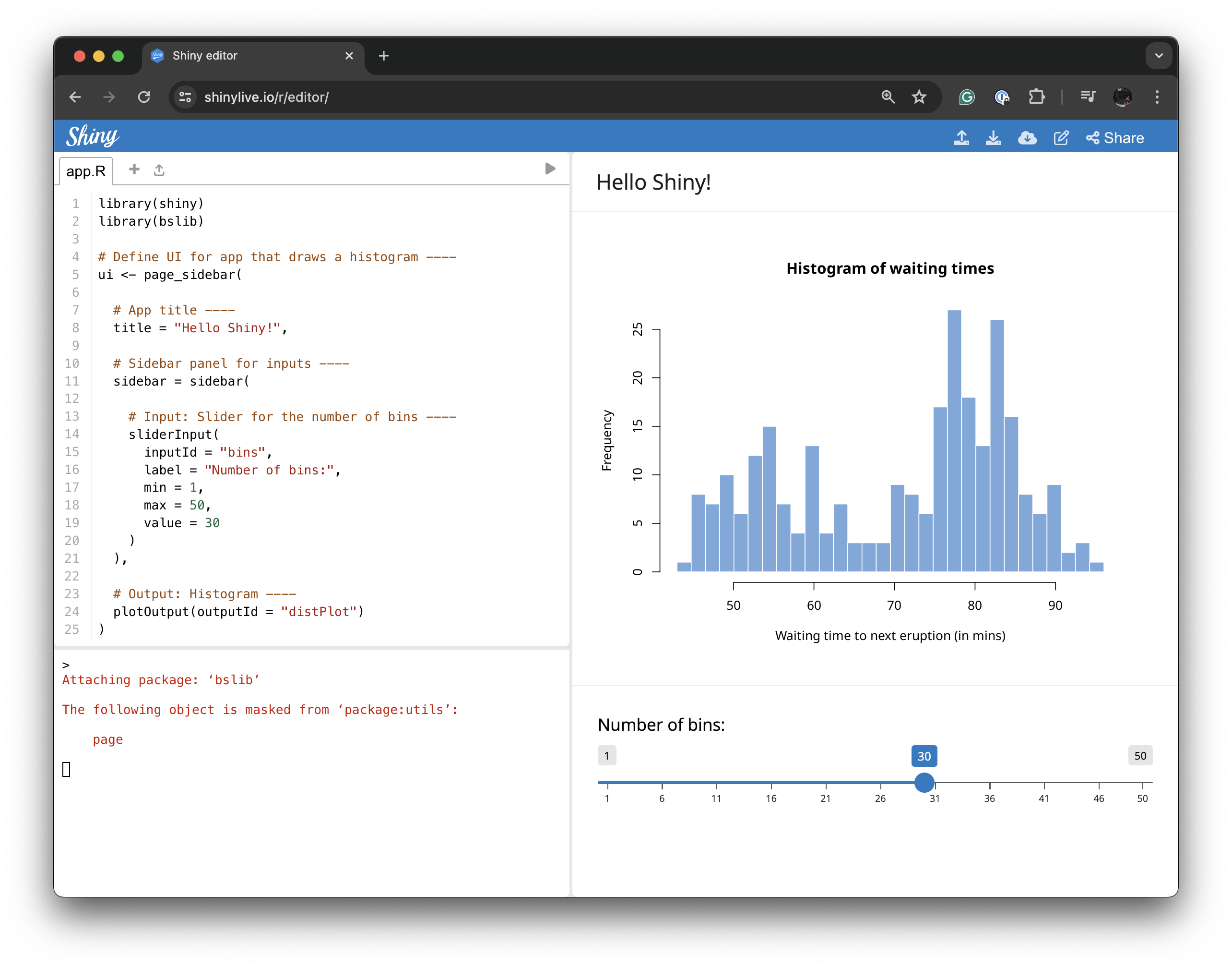 A screenshot of the shinylive editor in a web browser